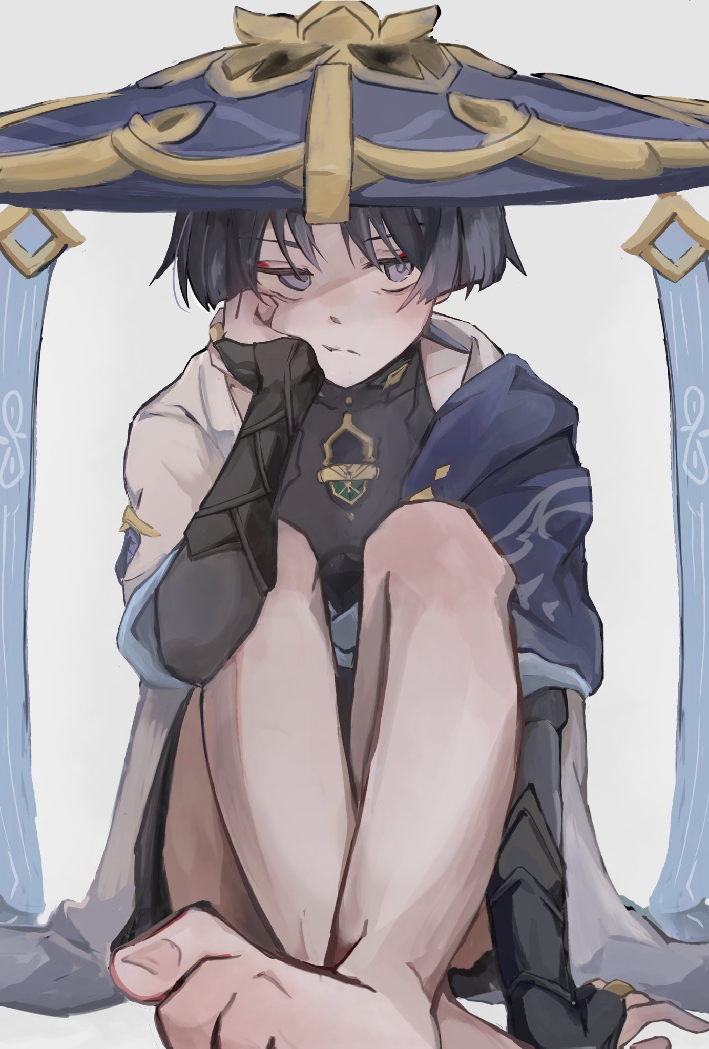 zattasyanko, scaramouche (genshin impact), wanderer (genshin impact), genshin impact, highres, 1boy, arm at side, armor, barefoot, black bodysuit, black bridal gauntlets, black hair, blue cape, blue sleeves, blunt ends, bodysuit, bridal gauntlets, cape, clenched hand, closed mouth, covered collarbone, eyeliner, eyeshadow, gold, gold ring, grey background, grey eyes, grey hat, hand on own cheek, hand on own face, hat, japanese armor, jingasa, knees up, kote, kurokote, layered sleeves, looking at viewer, looking to the side, makeup, male focus, middle ring, purple rope, red eyeliner, red eyeshadow, rope, sanpaku, short sleeves, shoulder peek, sitting, solo, split mouth, toenails, toes, uneven eyes, white sleeves, white trim