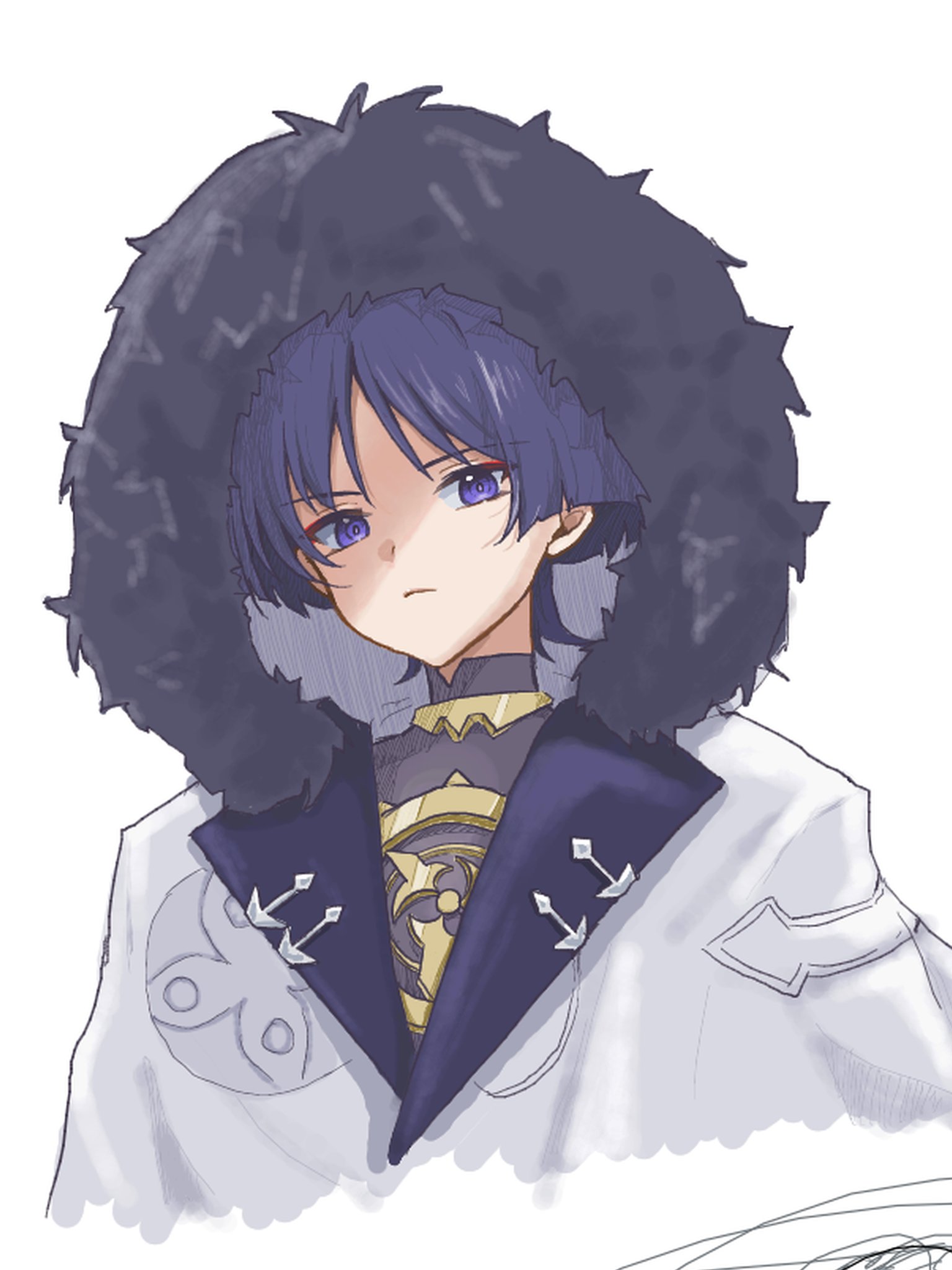 purinigax, scaramouche (genshin impact), genshin impact, highres, 1boy, blunt ends, bodysuit, bright pupils, closed mouth, coat, expressionless, eyeliner, eyeshadow, fatui coat, fatui logo, fur hood, gold, hood, hood up, jewelry, lapels, looking at viewer, makeup, male focus, mandarin collar, mitsudomoe (shape), neck ring, partially shaded face, purple eyes, purple hair, red eyeliner, red eyeshadow, solo, tomoe (symbol), tsurime, upper body, white background, white coat, white pupils, wispy bangs