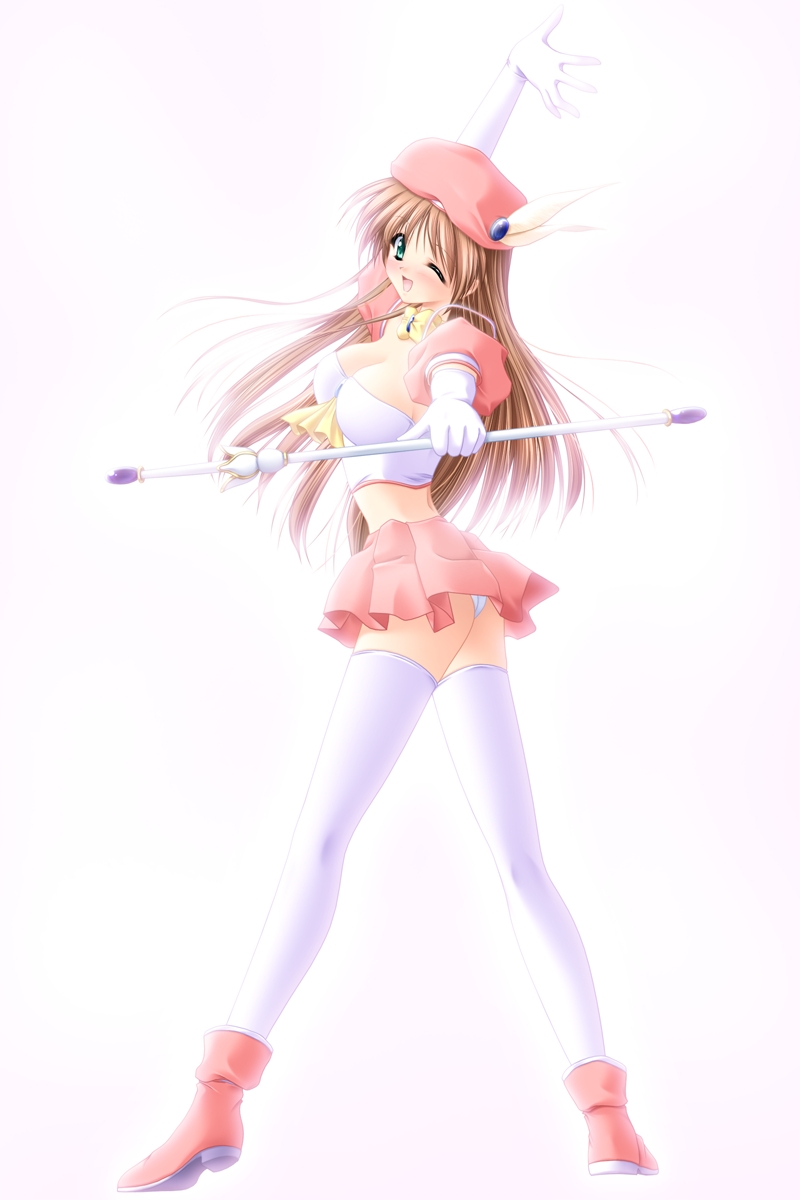 original, baton, highres, 1girl, beret, bow, brown hair, female focus, full body, gloves, green eyes, hat, legs apart, long hair, midriff, miniskirt, one eye closed, panties, pantyshot, shoes, skirt, solo, staff, standing, thighhighs, underwear, white panties, white thighhighs, wink