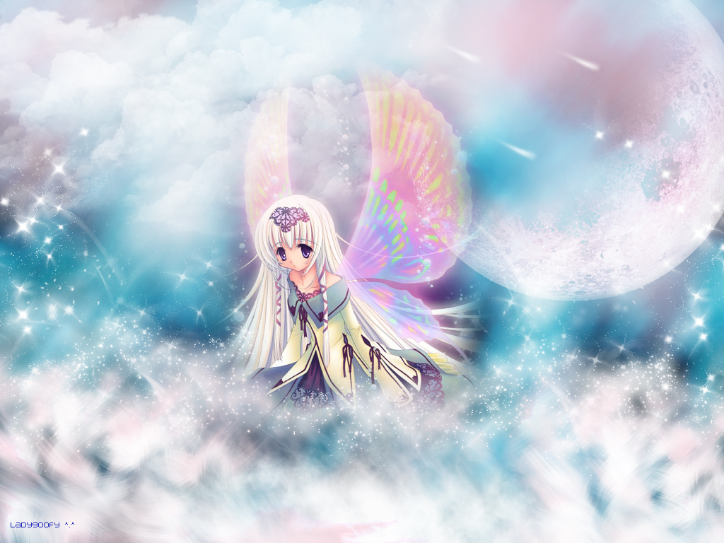 nishiwaki yuuri, original, 1girl, butterfly wings, female focus, insect wings, long hair, moon, multicolored wings, purple eyes, solo, very long hair, white hair, wings