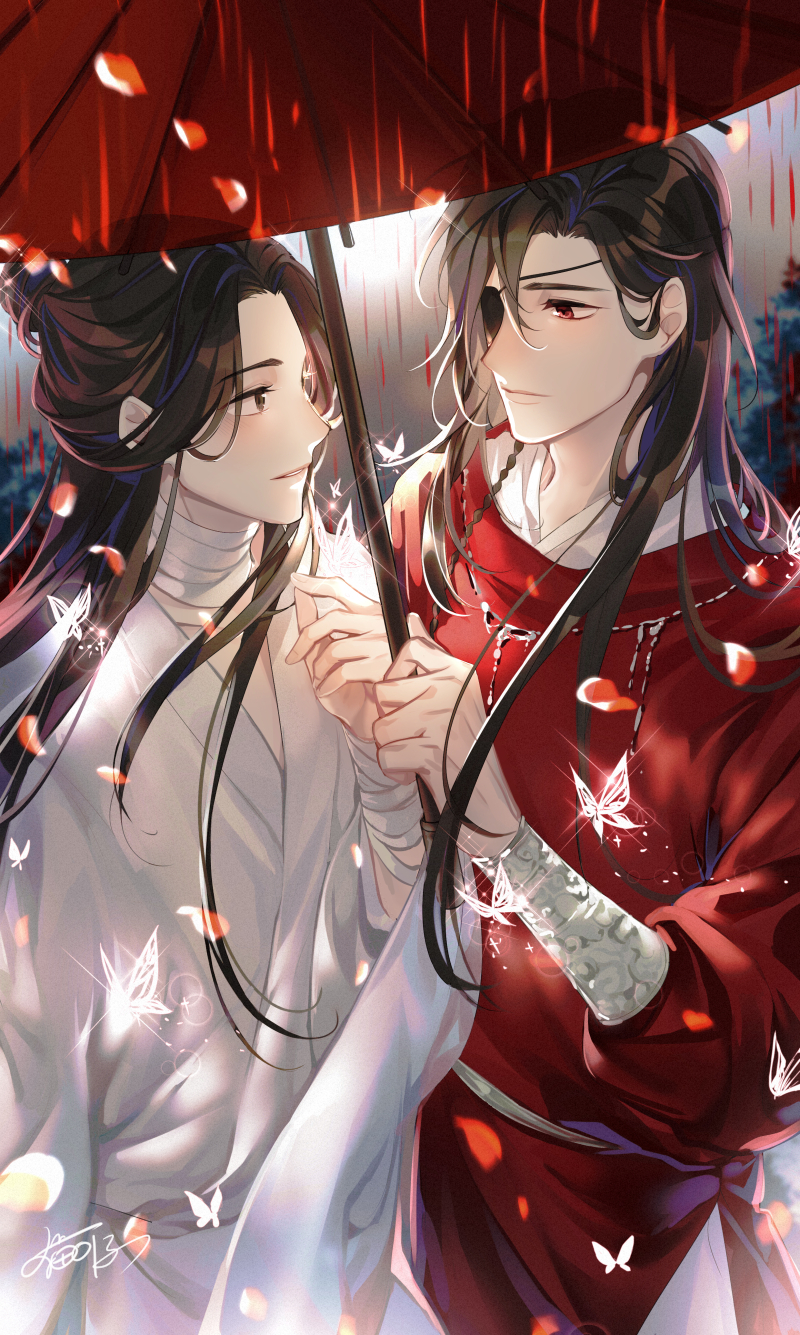 maokezi, hua cheng, xie lian, tianguan cifu, silver necklace, chinese commentary, highres, 2boys, artist name, bandaged arm, bandaged neck, bandages, bishounen, black hair, bracelet, braid, brown eyes, bug, butterfly, chinese clothes, closed mouth, couple, earrings, eye contact, eyepatch, falling petals, glowing butterfly, hair bun, hand up, hanfu, holding, holding umbrella, insect, jewelry, long hair, long sleeves, looking at another, male focus, multiple boys, necklace, oil-paper umbrella, one eye covered, outdoors, parted lips, petals, rain, raining blood, red eyes, red hanfu, red umbrella, robe, shared umbrella, side braid, signature, silver bracelet, single braid, single hair bun, smile, sparkle, standing, umbrella, upper body, white butterfly, white hanfu, wide sleeves, yaoi, yuanlingpao