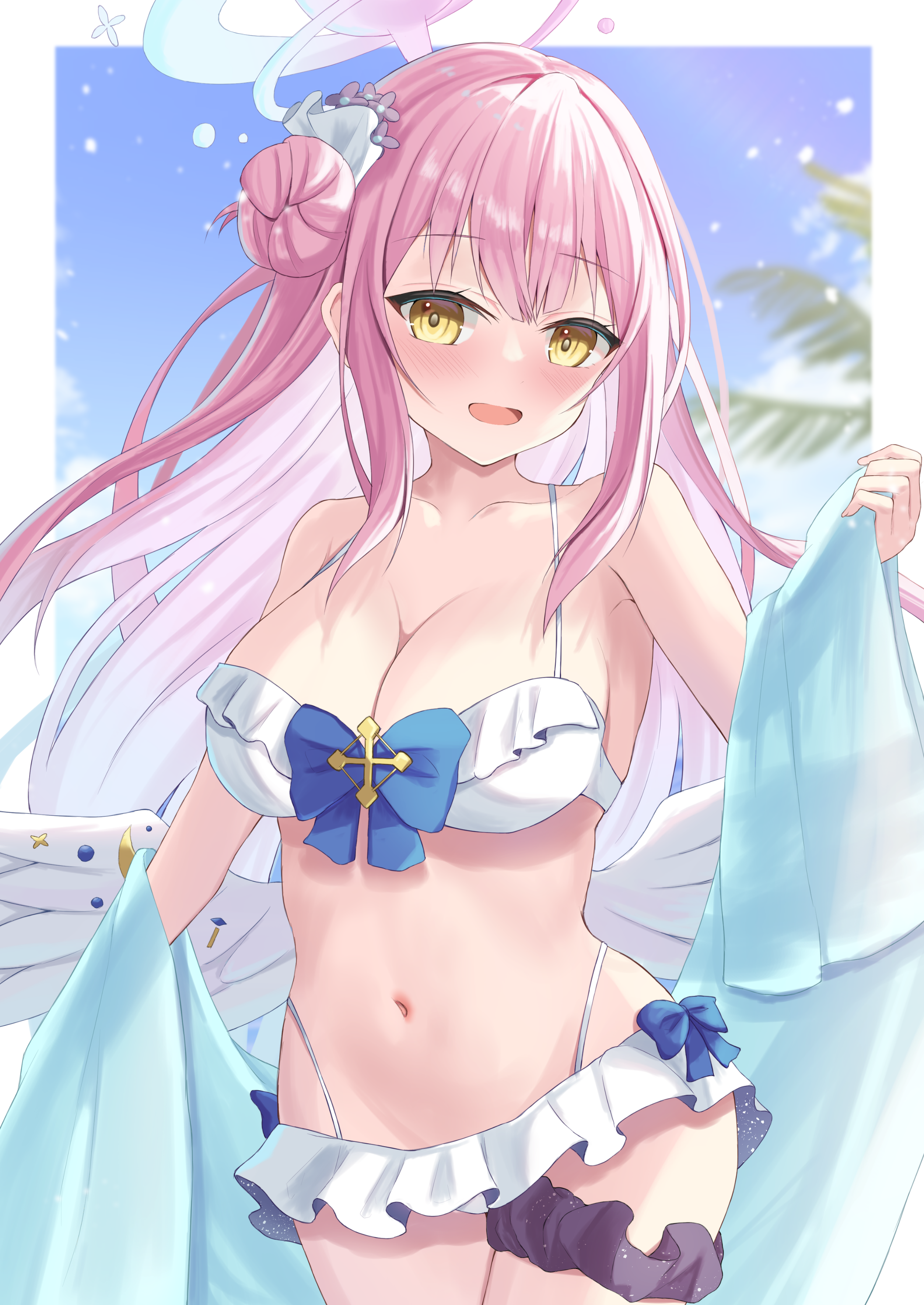 hutaba miyagi, mika (blue archive), blue archive, absurdres, highres, 1girl, alternate costume, angel wings, bikini, blue bow, blue bowtie, blush, bow, bowtie, breasts, cleavage, collarbone, feathered wings, flower, frilled bikini, frilled bikini top, frills, gradient hair, hair bun, hair flower, hair ornament, halo, large breasts, long hair, looking at viewer, low wings, multicolored hair, navel, open mouth, pink hair, pink halo, scrunchie, single hair bun, single side bun, smile, solo, stomach, swimsuit, very long hair, white bikini, wings, yellow eyes