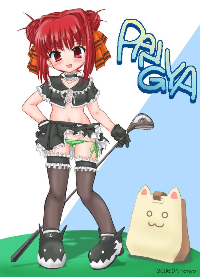 kooh (pangya), papel (pangya), pangya, alternate color, black thighhighs, blush, choker, clothes lift, crop top, fang, gloves, golf, golf club, green panties, hair ribbon, hand on own hip, hip focus, lingerie, lowleg, lowleg panties, navel, panties, petticoat, red eyes, red hair, ribbon, shoes, side-tie panties, skirt, skirt lift, solo, standing, thighhighs, underwear