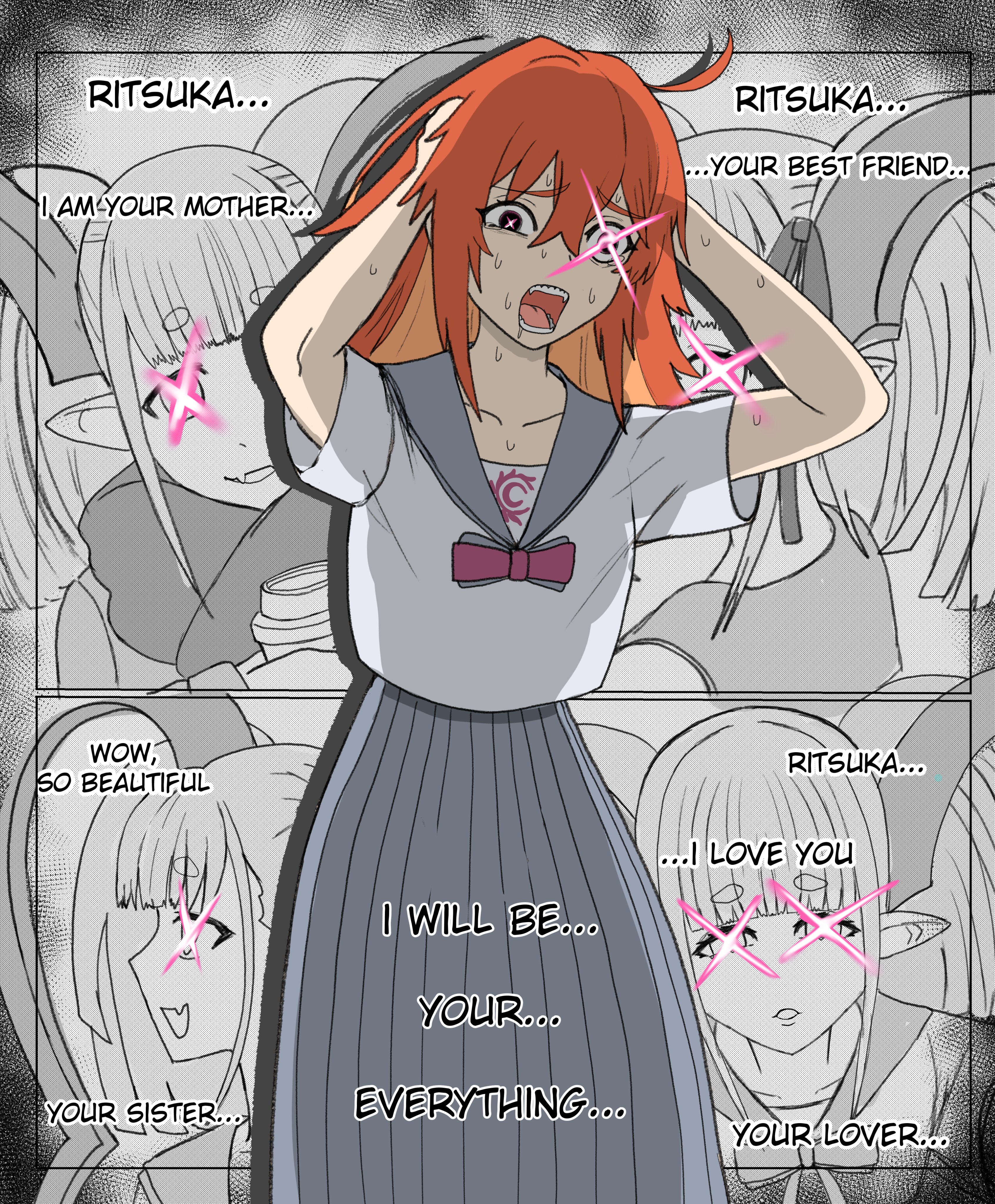 artrum4, fujimaru ritsuka (female), larva tiamat (fate), tiamat (fate), fate/grand order, fate (series), absurdres, commentary, english commentary, highres, 2girls, ahoge, chaldea logo, english text, hair between eyes, headache, larva tiamat (swimsuit archer) (second ascension) (fate), long hair, long skirt, multiple girls, multiple views, open mouth, orange hair, school uniform, short sleeves, skirt, smile, sweat, twintails