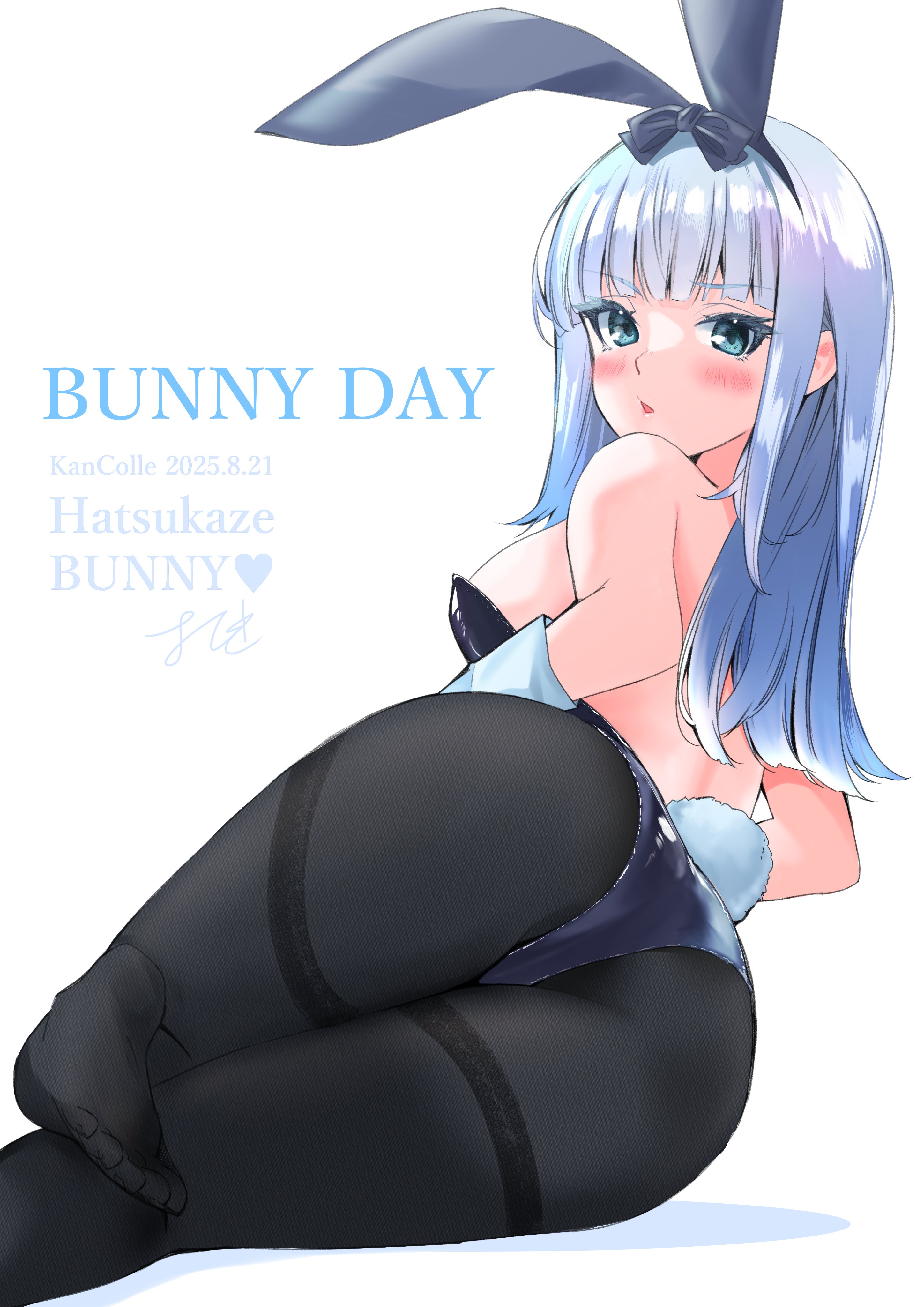 yoshiki (bpmaxm), hatsukaze (kancolle), kantai collection, absurdres, highres, 1girl, animal ears, ass, black pantyhose, blue bow, blue bowtie, blue eyes, blue hair, blue leotard, bow, bowtie, breasts, character name, fake animal ears, leotard, long hair, looking at viewer, lying, medium breasts, pantyhose, playboy bunny, rabbit ears, solo, strapless, strapless leotard, thighband pantyhose, traditional bowtie, white background