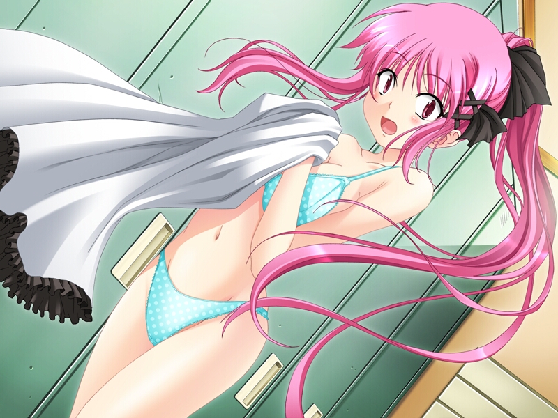ayakaze ryuushou, mizutama (artist), motohashi mei, okaerinasaimase goshujin-sama, game cg, 1girl, blue bra, blue panties, blush, bra, dutch angle, female focus, hair ribbon, lace, lace-trimmed bra, lace-trimmed panties, lace trim, lingerie, locker, locker room, long hair, navel, panties, pink eyes, pink hair, polka dot, polka dot bra, polka dot panties, ponytail, ribbon, solo, standing, surprised, twintails, underwear, underwear only, undressing