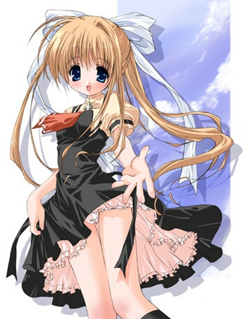 morinaga korune, kamio misuzu, air (visual novel), lowres, 00s, 1girl, black dress, black socks, blonde hair, blue eyes, bow, dress, female focus, hair bow, kneehighs, lingerie, long hair, panties, petticoat, ribbon, sky, socks, solo, thigh gap, thighs, twintails, underwear, very long hair, white panties
