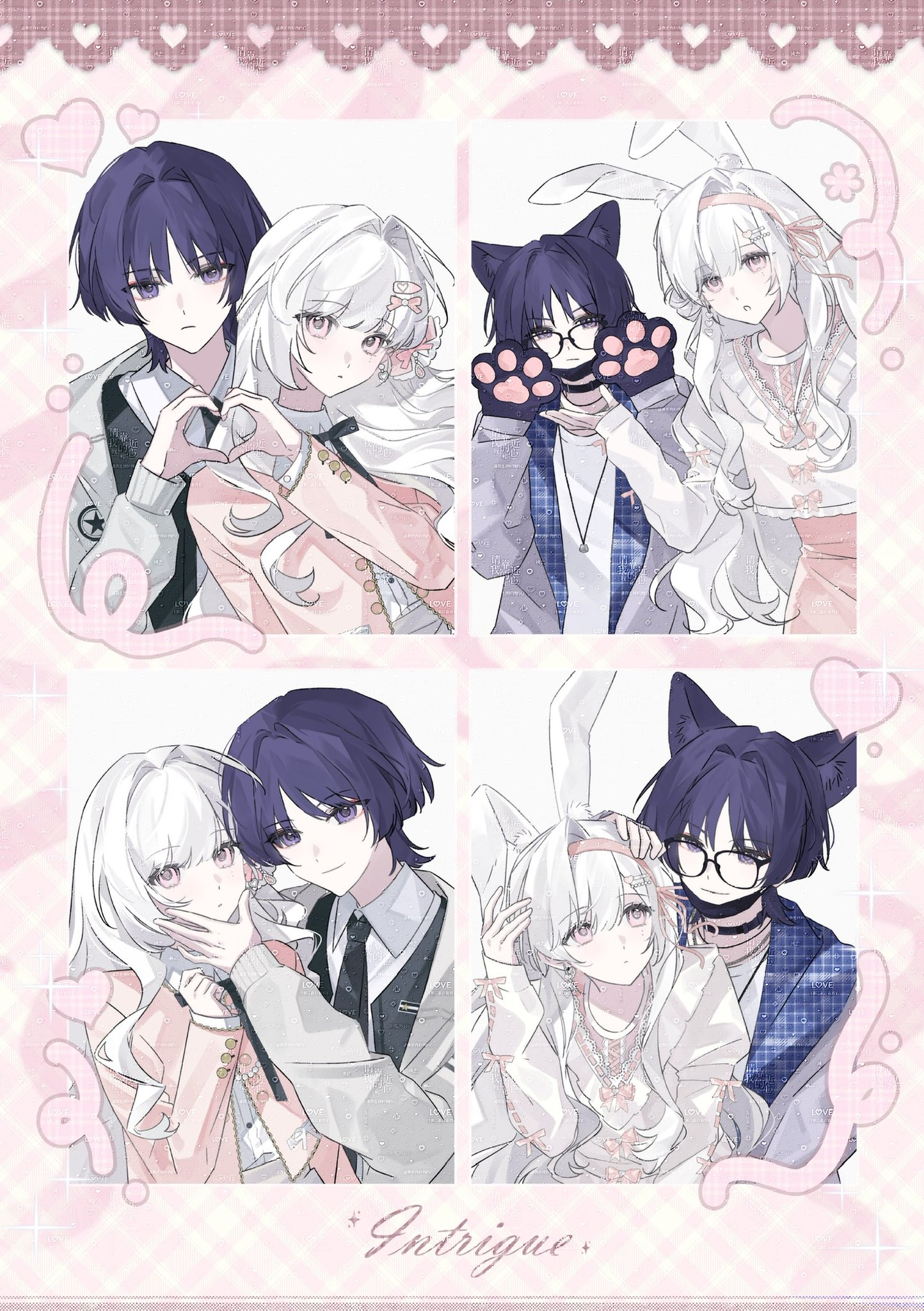 scaramouche (genshin impact), genshin impact, original, artist request, commission, highres, second-party source, 1boy, 1girl, animal ear fluff, animal ears, animal hands, bespectacled, black-framed eyewear, black choker, black necktie, black ribbon, black vest, blouse, blunt bangs, blunt ends, border, cat boy, cat ears, cat paws, choker, closed mouth, commissioner insert, couple, cross-laced clothes, cross-laced top, dress, eyelashes, frilled shirt, frills, glasses, hair intakes, hair ornament, hair ribbon, hairband, hairclip, hand on another's cheek, hand on another's face, hand on another's head, hand up, hayami momo (hayamimomo), heads together, heart, heart hands, heart hands duo, hetero, jacket, layered sleeves, leaning on person, long hair, long sleeves, looking at another, looking at viewer, mole, mole under eye, multiple views, necktie, open hand, open mouth, parted bangs, pink border, pink dress, pink eyes, pink hairband, pink ribbon, pink shirt, pink sleeves, purikura, purple eyes, purple hair, rabbit ears, rabbit girl, ribbon, shirt, sidelocks, smile, sparkle, tsurime, vest, white hair, white jacket, white mouth, white shirt, white sleeves, white undershirt