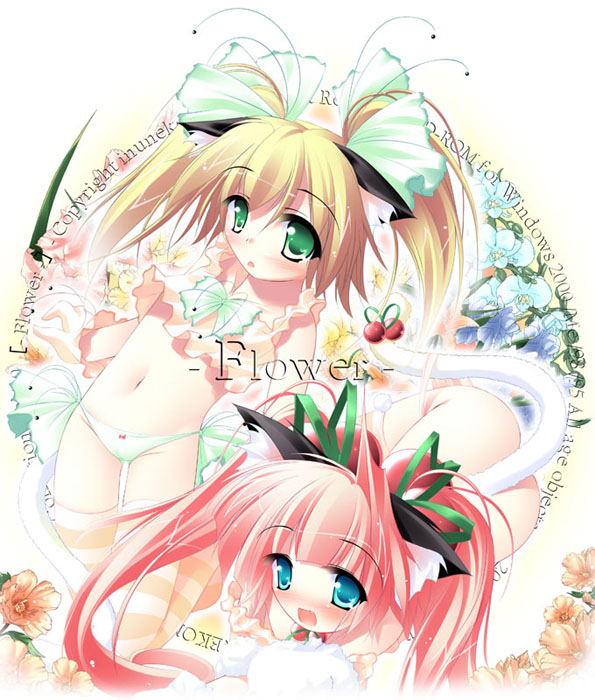 inuneko, copyright request, 2girls, animal ears, blonde hair, blue eyes, blush, cat ears, cat girl, female focus, flower, gradient background, green eyes, loli, multiple girls, nude, open mouth, panties, pink hair, plant, ribbon, twintails, underwear, white background