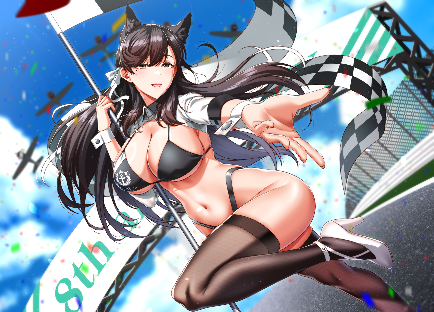 kagiyama (clave), atago (azur lane), atago (stunning speedster) (azur lane), azur lane, commentary request, highres, 1girl, animal ears, bikini, black bikini, black hair, black thighhighs, bow, breasts, brown thighhighs, checkered flag, cleavage, dog ears, dutch angle, extra ears, flag, hair bow, hand up, high heels, highleg, highleg bikini, holding, holding flag, large breasts, long hair, looking at viewer, mole, mole under eye, navel, official alternate costume, open mouth, outdoors, outstretched arm, race queen, reaching, reaching towards viewer, shoes, short sleeves, shrug (clothing), skindentation, smile, solo, standing, standing on one leg, stomach, string bikini, swimsuit, thighhighs, white shoes, white shrug, white wrist cuffs, wing collar, wrist cuffs, yellow eyes