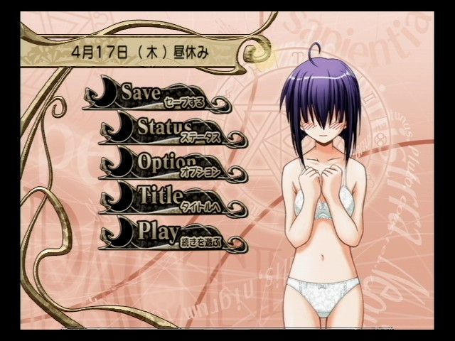 miyazaki nodoka, mahou sensei negima!, 00s, ahoge, blush, bow, bow bra, bow panties, bra, hair over eyes, lingerie, panties, purple hair, solo, standing, underwear, underwear only, white bra, white panties
