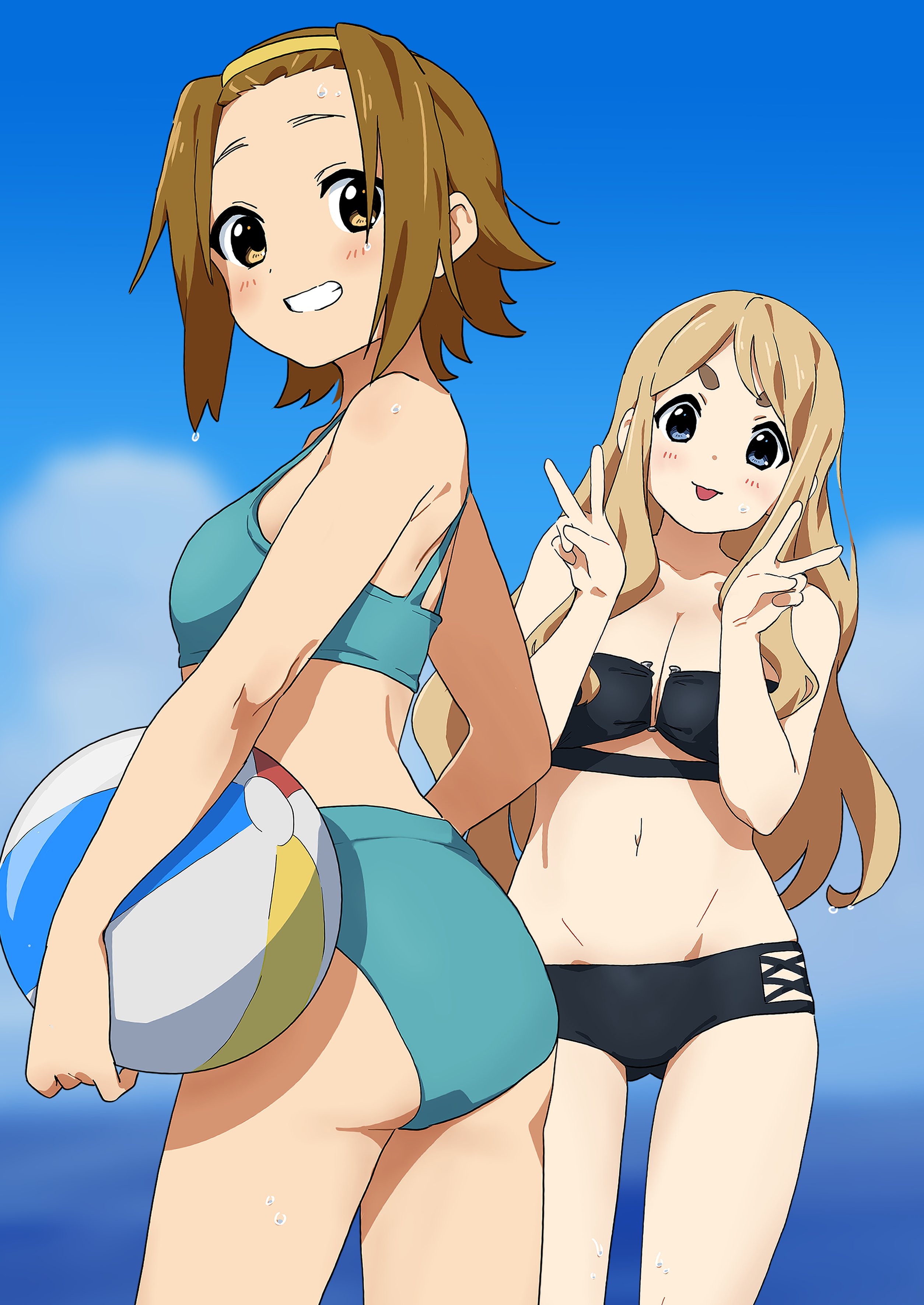 kicchi (tmgk), kotobuki tsumugi, tainaka ritsu, k-on!, absurdres, highres, 2girls, ass, ball, bare arms, bare legs, bare shoulders, beachball, bikini, black bikini, blonde hair, blue bikini, blue eyes, blue sky, blurry, blurry background, blush, breasts, brown hair, cloud, collarbone, double v, grin, hairband, holding, holding ball, holding beachball, large breasts, long hair, looking at viewer, looking back, multiple girls, navel, short hair, sky, small breasts, smile, swimsuit, teeth, thick eyebrows, tongue, tongue out, v, wavy hair, wet, yellow eyes