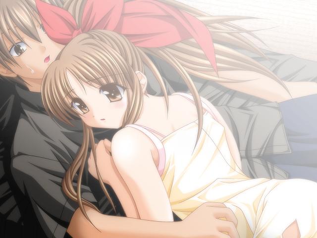 shiroishi misa, sora wo mau tsubasa, game cg, jpeg artifacts, 1boy, 1girl, bow, brown eyes, brown hair, couple, hair ribbon, hetero, hug, long hair, open mouth, ponytail, ribbon, sidelocks, surprised, sweat