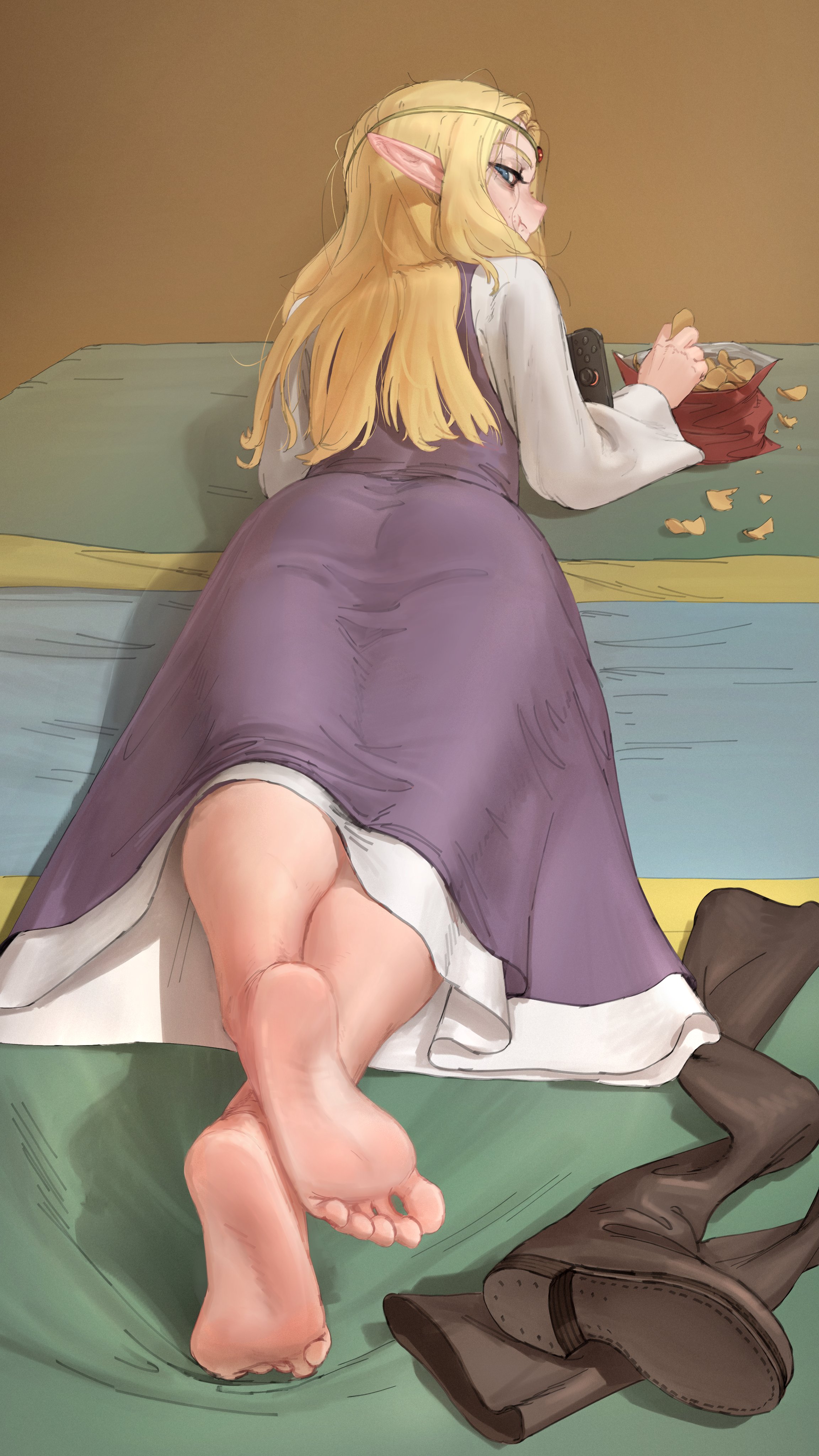 wass nonnam, princess zelda, the legend of zelda, the legend of zelda: echoes of wisdom, absurdres, highres, 1girl, barefoot, blonde hair, blue eyes, boots, chips (food), circlet, eating, feet, food, long hair, looking at viewer, looking back, lying, on stomach, pointy ears, potato chips, shoes, soles, toes, unworn boots, unworn shoes