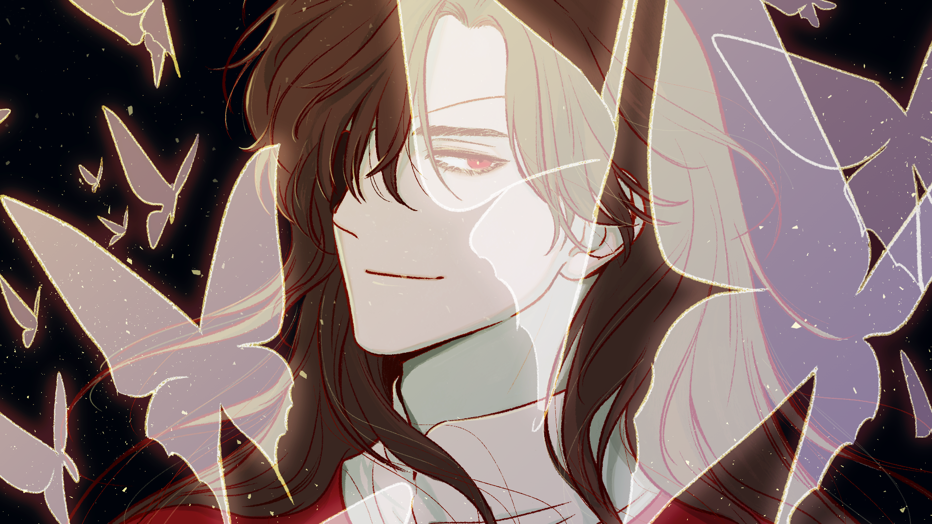 hua cheng, tianguan cifu, highres, 1boy, black background, black hair, bug, butterfly, chinese clothes, closed mouth, eyepatch, glowing butterfly, hair over one eye, hanfu, insect, light particles, long hair, looking at viewer, male focus, mandarin collar, one eye covered, portrait, red eyes, red hanfu, see-through butterfly, smile, solo, user cwea8478, white butterfly