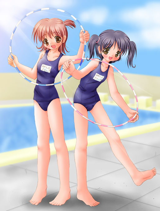 2girls, hoop, hula hoop, multiple girls, name tag, one-piece swimsuit, pool, school swimsuit, swimsuit