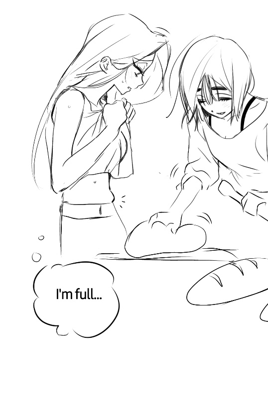 mizi (alien stage), sua (alien stage), alien stage, commentary, english commentary, 2girls, baguette, bra strap, bread, closed eyes, clutching clothes, english text, food, lineart, long hair, lubya, midriff, multiple girls, open mouth, shirt, short hair, speech bubble, tank top, thought bubble