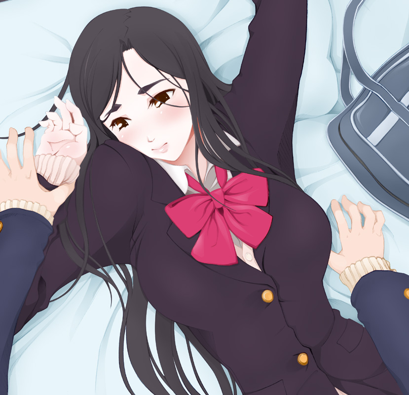 miito shido, original, 1girl, bed, cardigan, female focus, holding another's wrist, long sleeves, lying, on back, pov, school uniform, serafuku, solo, solo focus, you gonna get raped