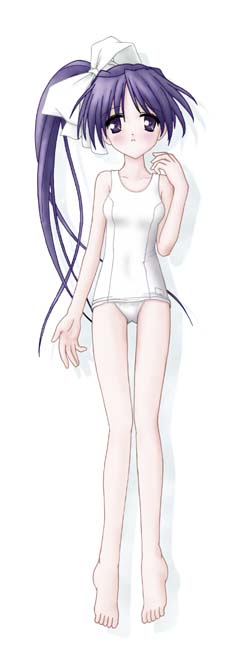 itou noemi, with you, 00s, 1girl, barefoot, blue hair, blush, dakimakura (medium), embarrassed, feet, female focus, flat chest, from above, full body, hair ribbon, high side ponytail, legs, long hair, looking at viewer, lying, matching hair/eyes, on back, one-piece swimsuit, open mouth, ponytail, purple eyes, purple hair, ribbon, school swimsuit, shadow, side ponytail, simple background, solo, swimsuit, thigh gap, very long hair, white one-piece swimsuit, white school swimsuit