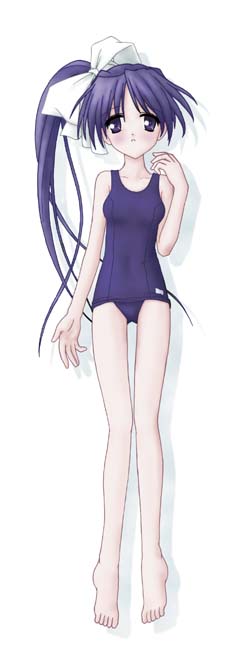 itou noemi, with you, 00s, high side ponytail, long hair, one-piece swimsuit, purple eyes, purple hair, school swimsuit, side ponytail, solo, swimsuit, very long hair
