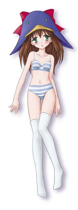 ecoco, ekokuice, 1girl, blue bra, blue panties, bra, brown hair, female focus, gradient background, green eyes, hat, lingerie, panties, solo, standing, striped bra, striped clothes, striped panties, thigh gap, thighhighs, thighs, underwear, underwear only, white thighhighs