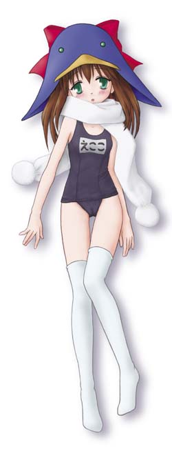 ecoco, ekokuice, 1girl, black one-piece swimsuit, cameltoe, female focus, name tag, one-piece swimsuit, over-kneehighs, scarf, school swimsuit, solo, swimsuit, thighhighs, white scarf