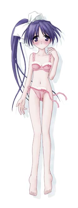 itou noemi, with you, untied, 00s, 1girl, barefoot, blue eyes, blue hair, blush, bow, bow bra, bow panties, bra, cameltoe, dakimakura (medium), embarrassed, feet, female focus, flat chest, from above, full body, hair ribbon, high side ponytail, legs, lingerie, long hair, lying, matching hair/eyes, navel, on back, open mouth, panties, pink panties, plaid bra, plaid clothes, plaid panties, ponytail, ribbon, side-tie panties, side ponytail, solo, thigh gap, underwear, underwear only, undressing, very long hair
