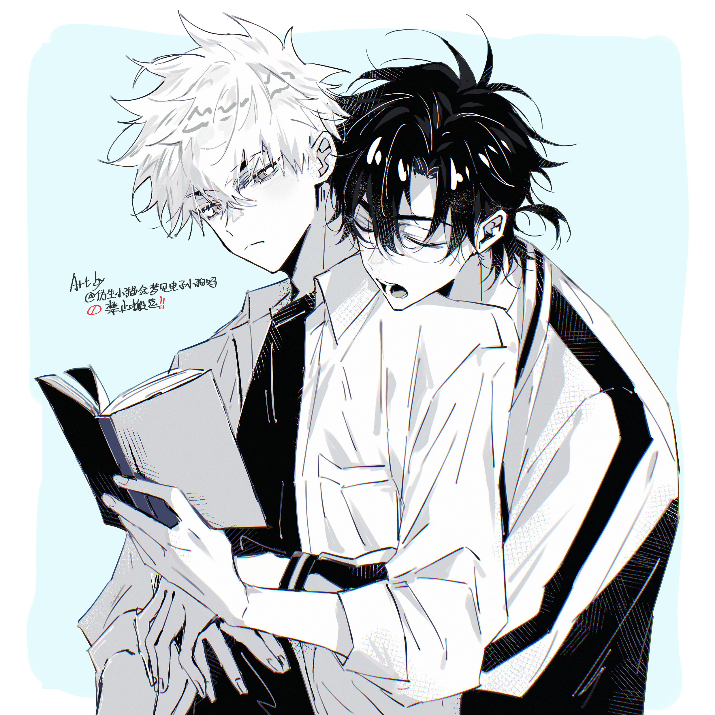 dream-storys, cheng xiaoshi, lu guang, shiguang dailiren, absurdres, highres, 2boys, antenna hair, artist name, black hair, blue background, blush, book, border, breast pocket, chinese text, closed eyes, closed mouth, collared shirt, frown, greyscale, greyscale with colored background, hair between eyes, head on another's shoulder, holding, holding book, hug, hug from behind, jacket, jewelry, long sleeves, male focus, messy hair, monochrome, multicolored jacket, multiple boys, open book, open clothes, open mouth, open shirt, outside border, pocket, ponytail, reading, shirt, short hair, short ponytail, simple background, spot color, twitter username, undershirt, upper body, white border, white hair, yaoi