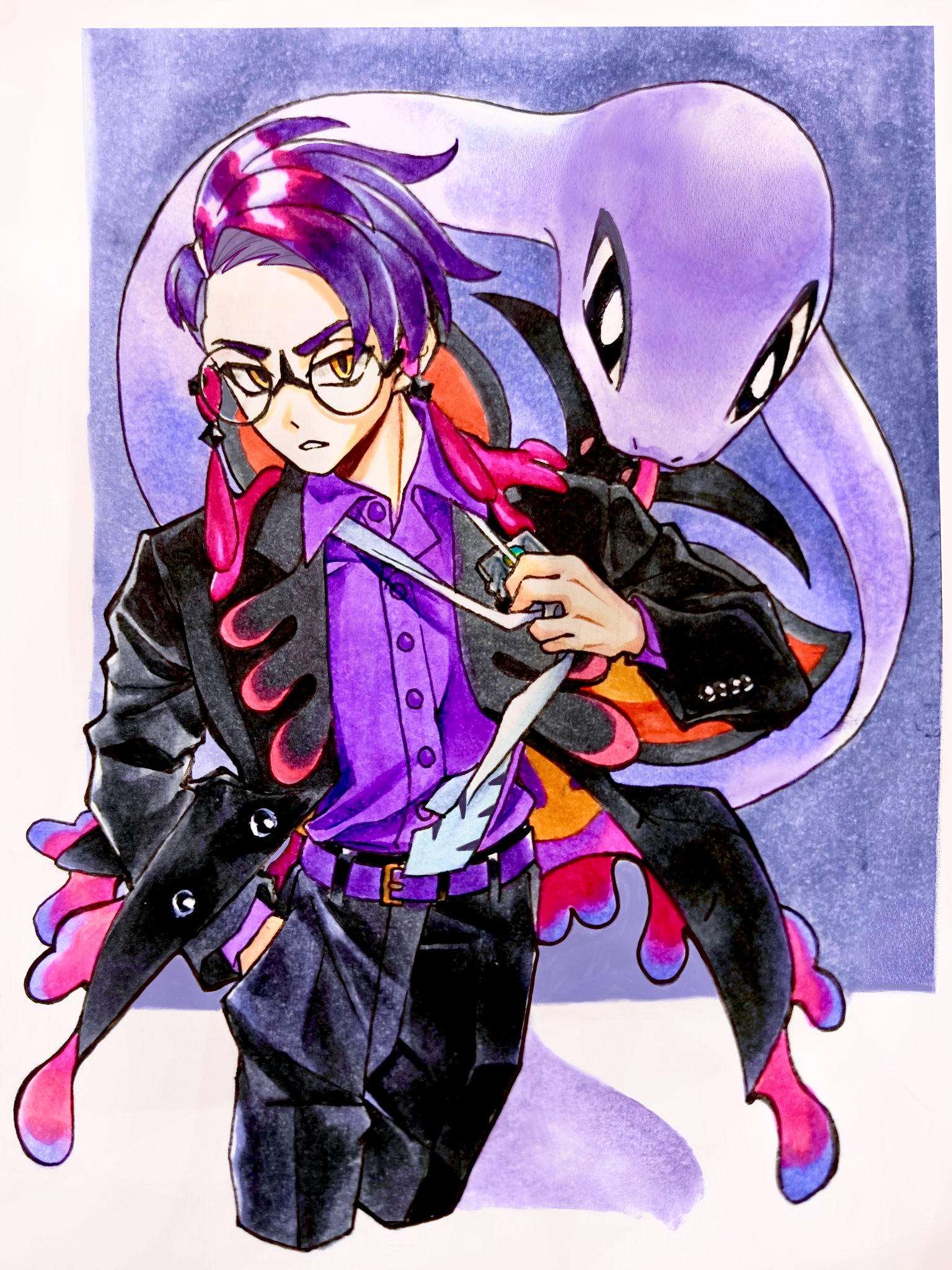 saku06480514, arbok, corbeau (pokemon), nintendo, pokemon, pokemon legends: z-a, highres, 1boy, black-framed eyewear, black hair, black jacket, black pants, collared shirt, gen 1 pokemon, glasses, jacket, long sleeves, looking at viewer, necktie, open clothes, open jacket, pants, parted lips, pokemon (creature), purple hair, purple shirt, round eyewear, shirt, short hair, snake, teeth, tongue, tongue out, white necktie, yellow eyes