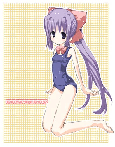 lowres, bow, english text, hair ribbon, long hair, one-piece swimsuit, ponytail, purple eyes, purple hair, ribbon, school swimsuit, solo, swimsuit