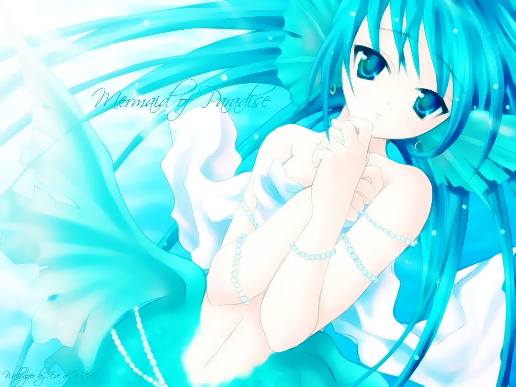 nekou izuru, 1girl, blue eyes, blue hair, earrings, female focus, fins, gem, hand on own chest, head fins, jewelry, long hair, looking at viewer, matching hair/eyes, mermaid, monster girl, pearl (gemstone), solo, underwater, watermark
