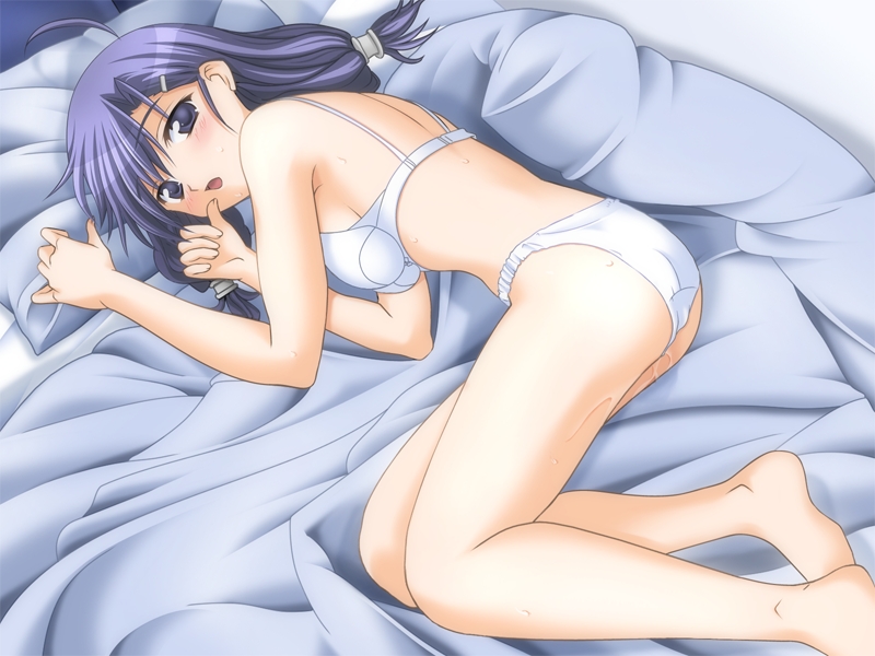 aoi manabu, takeuchi kaori, white princess, game cg, 1girl, ahoge, barefoot, bed, blue eyes, blue hair, blush, bra, female focus, lingerie, long hair, lying, matching hair/eyes, on side, panties, pussy juice, solo, sweat, underwear, underwear only, white bra, white panties