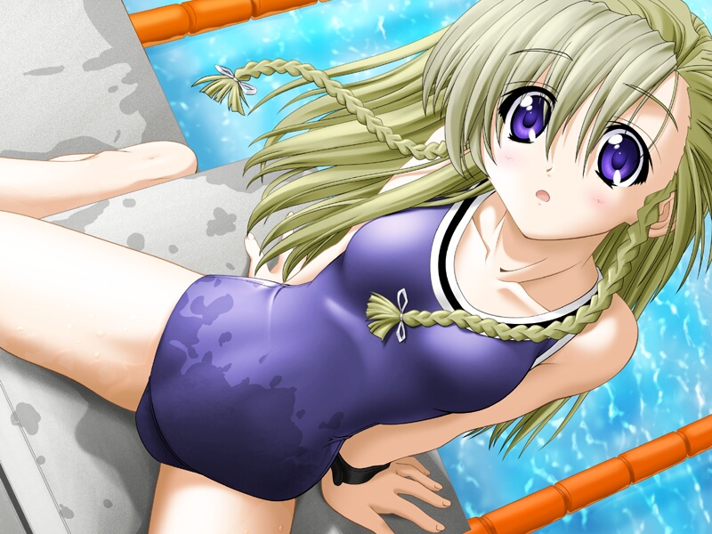 sukumizu ~fecchi ni narumon!~, game cg, 1girl, braid, female focus, lane line, old school swimsuit, one-piece swimsuit, pool, purple eyes, school swimsuit, solo, swimsuit, wet