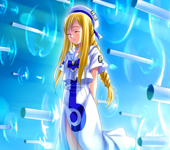 zono (rinkara-sou), alicia florence, aria (manga), fate/stay night, fate (series), blonde hair, blouse, crossover, gate of babylon (fate), parody, shirt, solo, white shirt