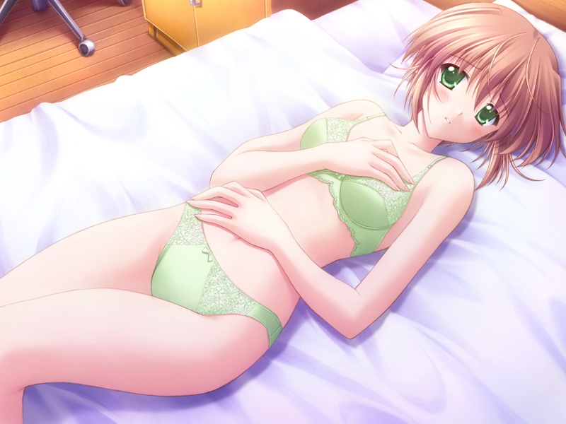 kiri, nanao naru, kikyou kiri, canvas (cocktail soft), canvas 2, game cg, 00s, 1girl, bed, bra, brown hair, female focus, green eyes, lingerie, panties, short hair, solo, underwear, underwear only