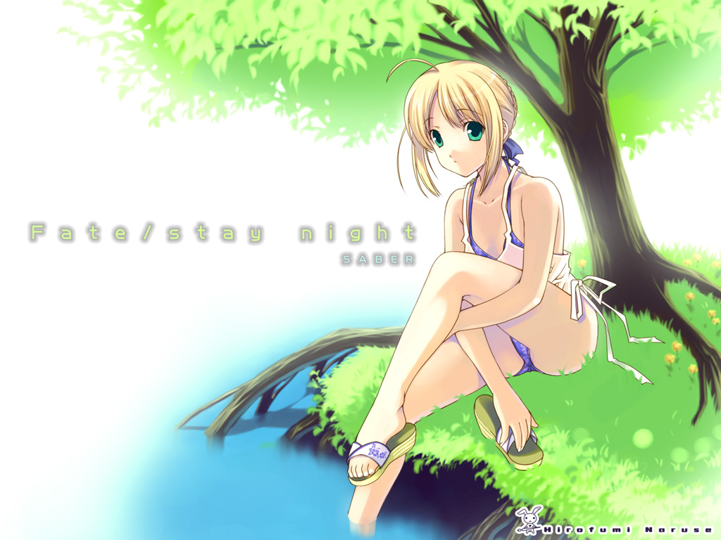 naruse hirofumi, artoria pendragon (fate), saber (fate), fate/stay night, fate (series), 00s, 1girl, alternate costume, blonde hair, female focus, grass, green eyes, hugging own legs, outdoors, sandals, shoes, single shoe, sitting, soaking feet, solo, swimsuit, swimsuit under clothes, tree, under tree, water