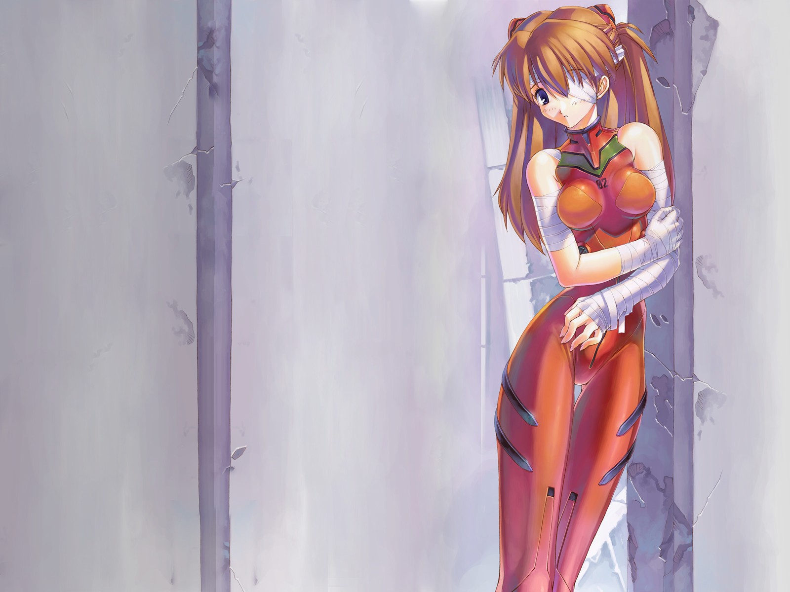 uchiu kazuma, souryuu asuka langley, neon genesis evangelion, highres, 1girl, bandaged hand, bandages, bodysuit, breasts, breasts apart, brown hair, cowboy shot, female focus, hair between eyes, halterneck, hand on own hip, holding own arm, leaning to the side, legs together, mecha pilot suit, narrow waist, orange hair, parted bangs, plugsuit (evangelion), red bodysuit, skin tight, solo, standing, two side up