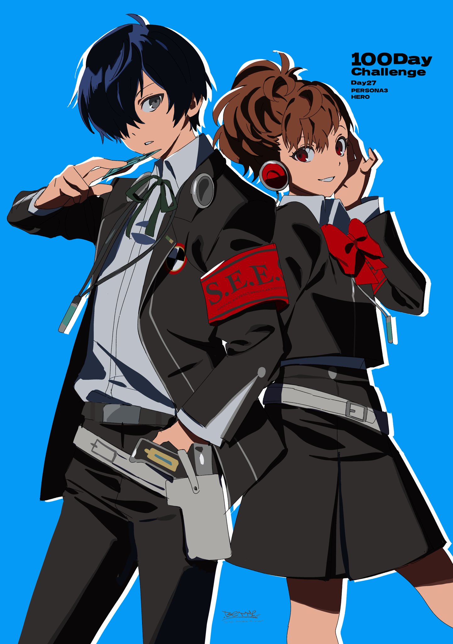 betti (xx betti), shiomi, shiomi kotone, yuuki makoto (persona 3), persona, persona 3, persona 3 portable, highres, 1boy, 1girl, armband, blue hair, bow, brown hair, digital media player, digital walkman, gekkoukan high school uniform, hair over one eye, headphones, long sleeves, red armband, red eyes, ribbon, school uniform, shirt, short hair, simple background, skirt, smile, walkman nw-s203f