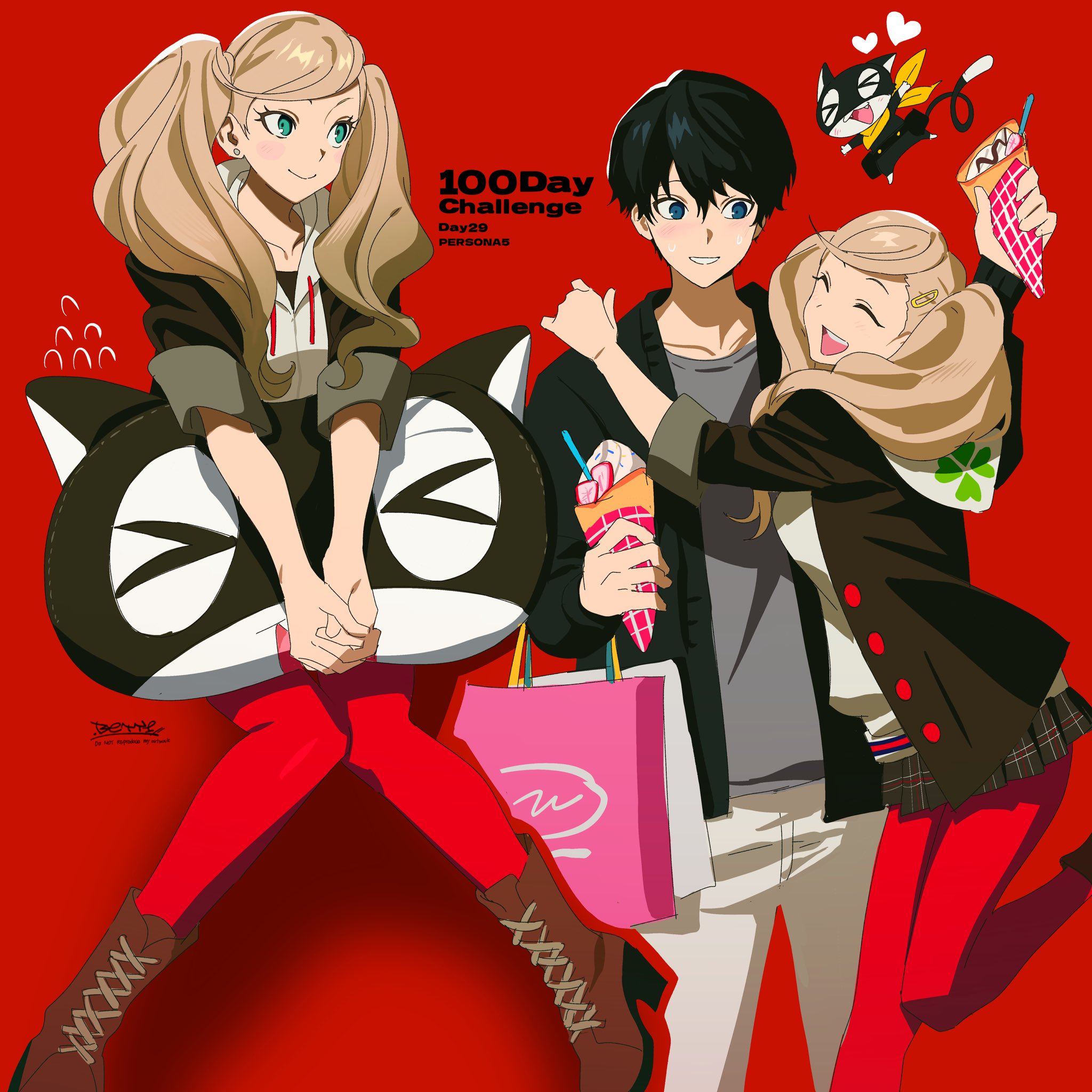 betti (xx betti), morgana (human) (persona 5), morgana (persona 5), takamaki anne, persona, persona 5, highres, 1boy, 1girl, blonde hair, closed mouth, gyaru, jacket, kogal, long hair, long sleeves, open mouth, red background, shirt, simple background, smile