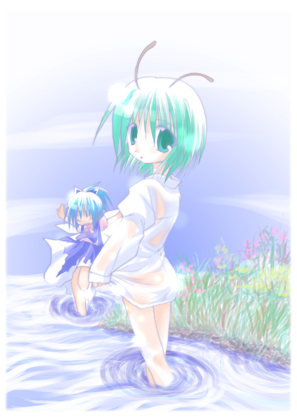 cirno, wriggle nightbug, touhou, 2girls, ^ ^, antennae, bottomless, closed eyes, female focus, from behind, looking back, multiple girls, naked shirt, nature, no panties, outstretched arms, shirt, sky, spread arms, wading, water, wet