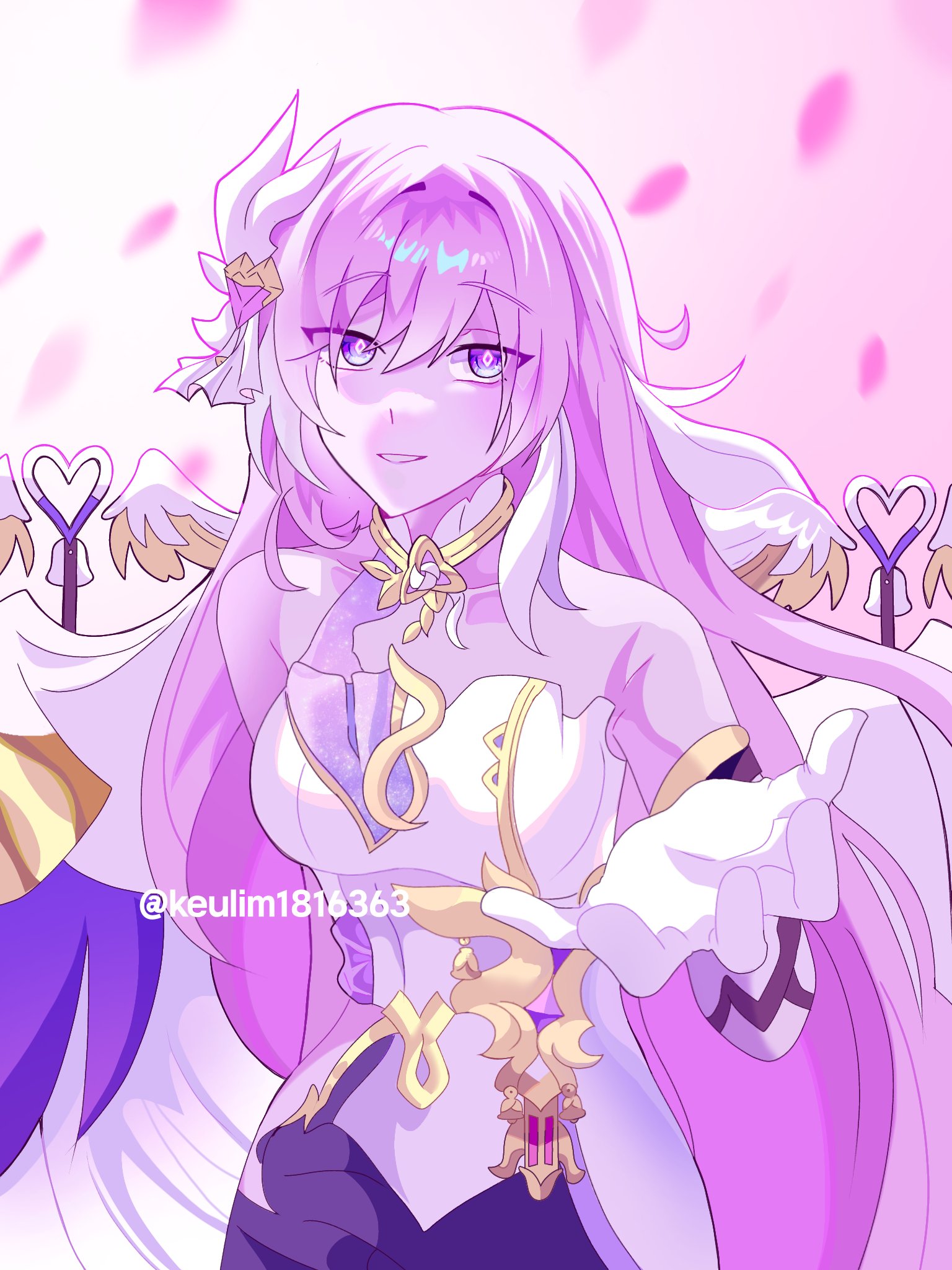 elysia (herrscher of human: ego) (honkai impact), elysia (honkai impact), honkai (series), honkai impact 3rd, commentary request, highres, korean commentary, 1girl, bell, breasts, corset, diamond-shaped pupils, diamond (shape), falling petals, gloves, hair ornament, keulim1816363, large breasts, long hair, looking at viewer, multicolored hair, petals, pink hair, purple eyes, reaching, reaching towards viewer, solo, symbol-shaped pupils, two-tone hair, very long hair, white corset, white gloves, white hair