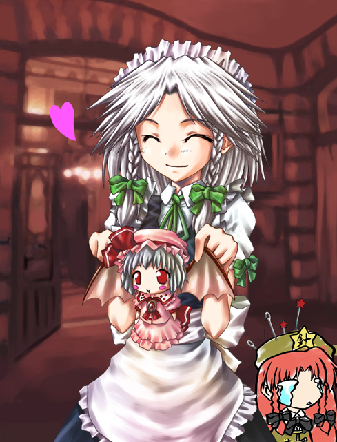 hong meiling, izayoi sakuya, remilia scarlet, embodiment of scarlet devil, touhou, 2girls, apron, ascot, bat wings, blush stickers, bow, braid, brooch, character doll, china dress, chinese clothes, closed eyes, doll, dress, female focus, frown, hair bow, hat, heart, jewelry, long hair, maid, maid apron, maid headdress, mob cap, multiple girls, needle, pin, red eyes, red hair, sewing needle, sewing pin, short hair, smile, star (symbol), teardrop, twin braids, white hair, wings, x mouth