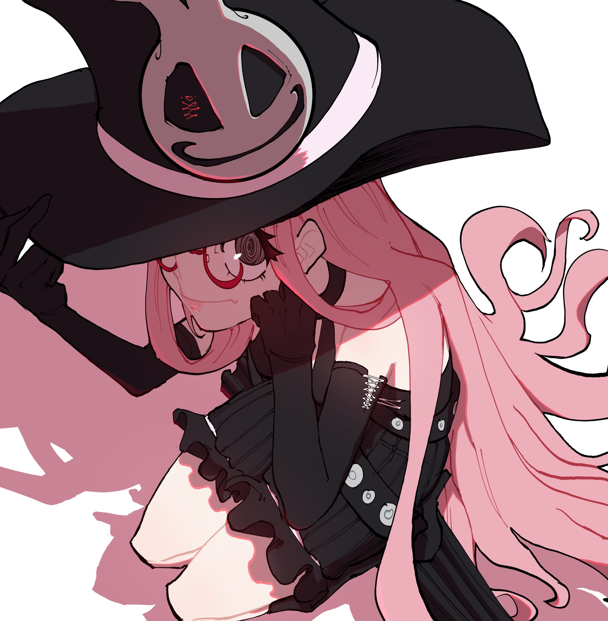 yohanwrks, uzuki (under night in-birth), under night in-birth, highres, 1girl, @ @, baggy shorts, elbow gloves, glasses, gloves, hat, large hat, lensless glasses, leotard, long hair, looking at viewer, pink hair, red-framed eyewear, semi-rimless eyewear, simple background, smile, solo, under-rim eyewear, very long hair