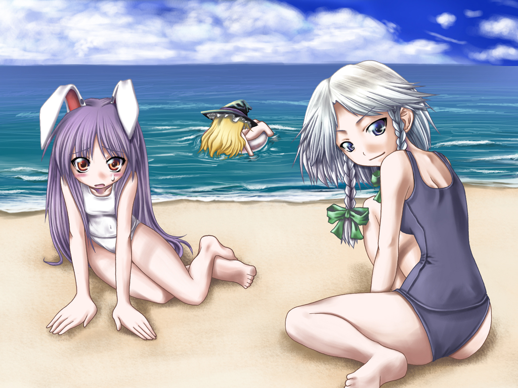 aozora market, izayoi sakuya, kirisame marisa, reisen udongein inaba, touhou, 3girls, afloat, animal ears, barefoot, beach, blonde hair, cloud, day, feet, female focus, hat, innertube, multiple girls, ocean, one-piece swimsuit, outdoors, rabbit ears, school swimsuit, sky, swim ring, swimsuit, teardrop, water, white one-piece swimsuit, white school swimsuit, witch hat