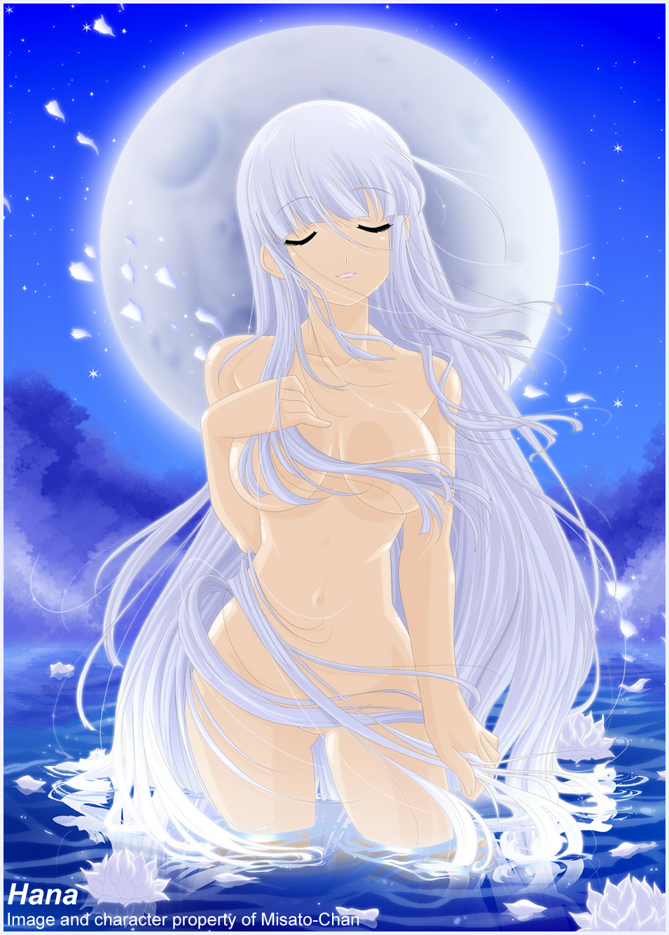 eyebrows, highres, 1girl, breasts, censored, closed eyes, convenient censoring, female focus, full moon, hair bikini, hair censor, hair over breasts, long hair, medium breasts, moon, navel, nude, outdoors, petals, solo, very long hair, water, wind