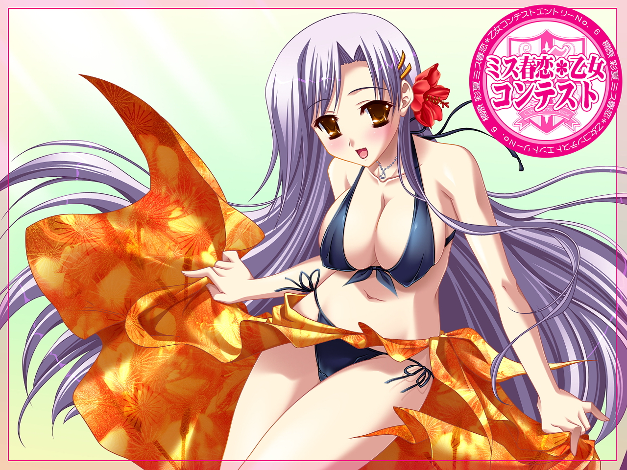 katagiri hinata, kusuhara ayaka, harukoi otome, harukoi otome ~otome no sono de gokigenyou, 00s, 1girl, bikini, breasts, brown eyes, cleavage, covered erect nipples, female focus, flower, hibiscus, large breasts, long hair, purple hair, solo, swimsuit, very long hair