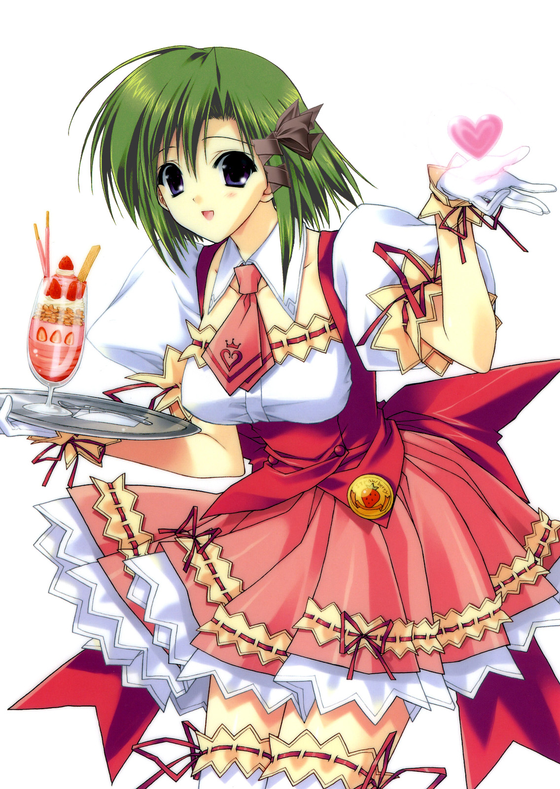 suzuhira hiro, shigure asa, shuffle!, highres, official art, third-party edit, 00s, 1girl, dessert, female focus, food, simple background, solo, thighhighs, waitress, white background