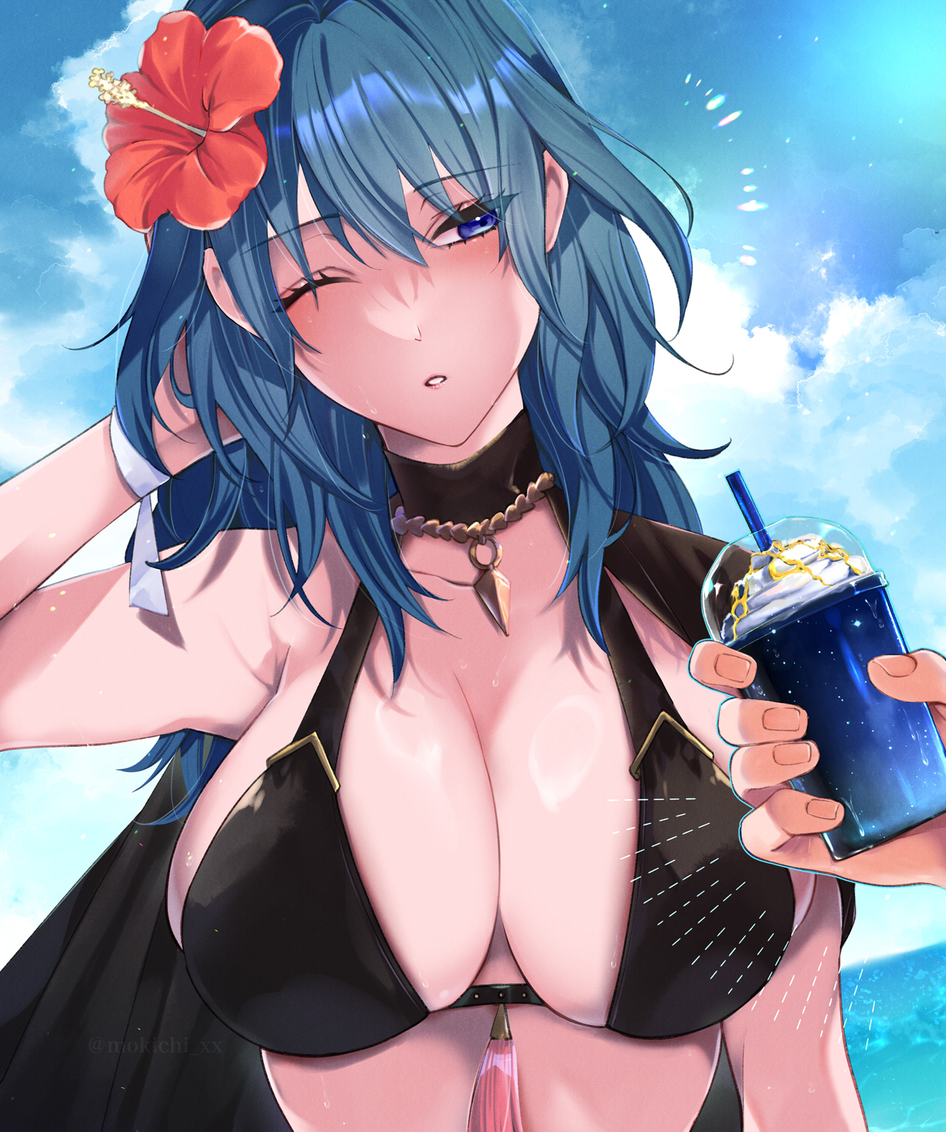 mokichi xx, female byleth (fire emblem), female byleth (summer) (fire emblem), fire emblem, fire emblem: three houses, fire emblem heroes, nintendo, highres, 1girl, 1other, beach, bikini, black bikini, black cape, blue eyes, blue hair, blue sky, blush, breasts, cape, cleavage, cloud, cup, drinking straw, flower, hair flower, hair ornament, hibiscus, holding, holding cup, large breasts, long hair, looking at viewer, ocean, official alternate costume, one eye closed, outdoors, parted lips, red flower, sideboob, sky, solo focus, swimsuit, teeth, upper body, water, whipped cream