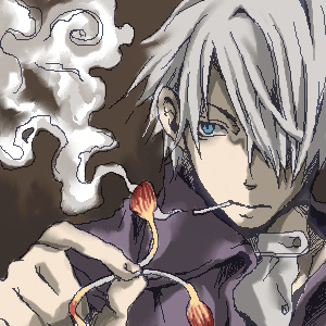 ginko (mushishi), mushishi, silver hair, lowres, 1boy, blue eyes, cigarette, fire, hair over one eye, male focus, smoking, solo