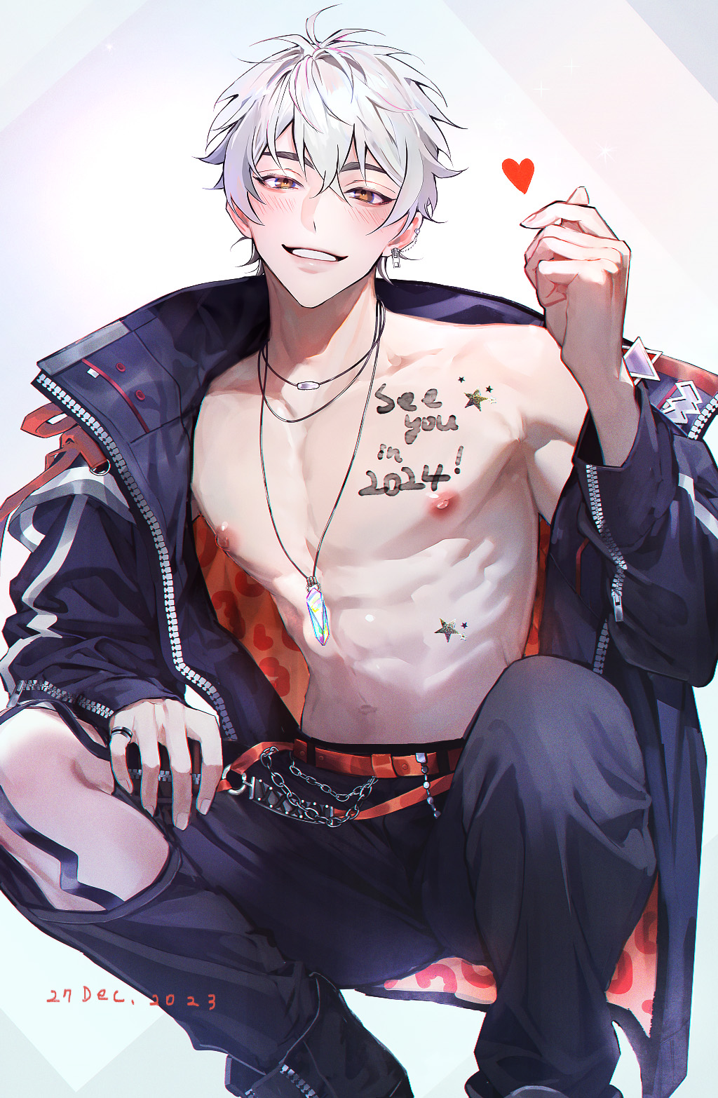 owner bird, eiden (nu carnival), nu carnival, crystal necklace, highres, 1boy, abs, antenna hair, bare pectorals, belt, black boots, black jacket, black pants, blush, body writing, boots, brown eyes, brown hair, bush, chain, collarbone, dated, ear piercing, earrings, eiden (galactic mist) (nu carnival), finger heart, grey hair, grin, hair between eyes, hand on own knee, hand up, heart, jacket, jewelry, long sleeves, looking at viewer, male focus, multicolored hair, navel, necklace, nipples, official alternate costume, official alternate hair color, open clothes, open jacket, orange eyes, pants, pectorals, pendant, piercing, red belt, ring, shoes, short hair, single earring, smile, solo, squatting, tattoo, teeth, torn clothes, torn pants, two-sided fabric, two-sided jacket, two-tone hair, virtual youtuber, white background, zipper, zipper pull tab